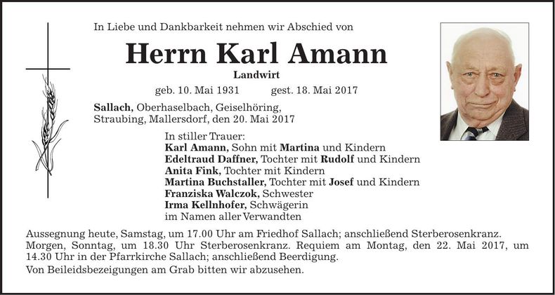 Traueranzeige Karl Amann