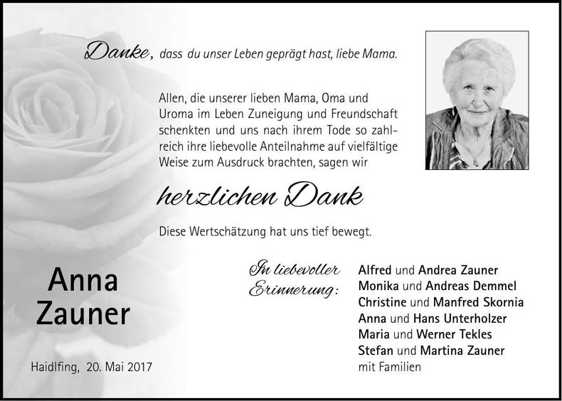 Traueranzeige Anna Zauner
