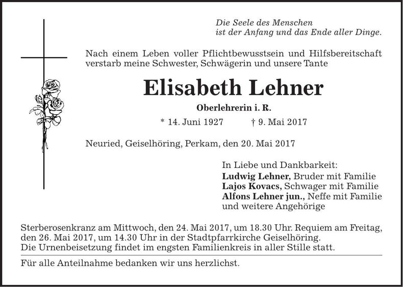 Traueranzeige Elisabeth Lehner
