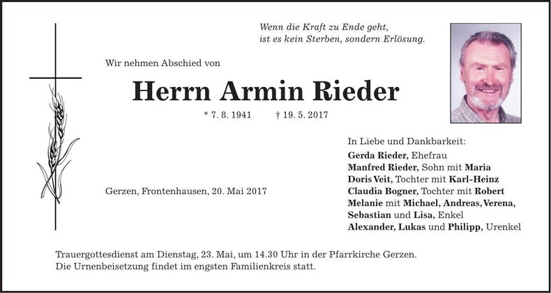 Traueranzeige Armin Rieder
