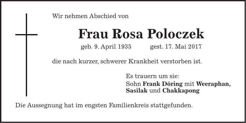 Traueranzeige Rosa Poloczek