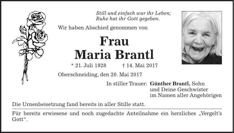 Traueranzeige Maria Brantl