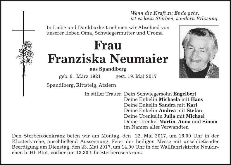 Traueranzeige Franziska Neumaier