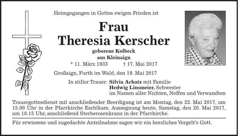 Traueranzeige Theresia Kerscher