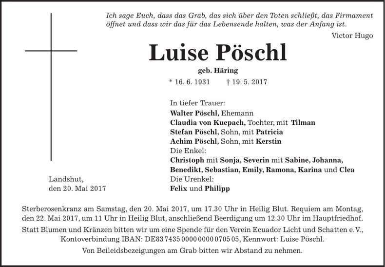 Traueranzeige Luise Pöschl