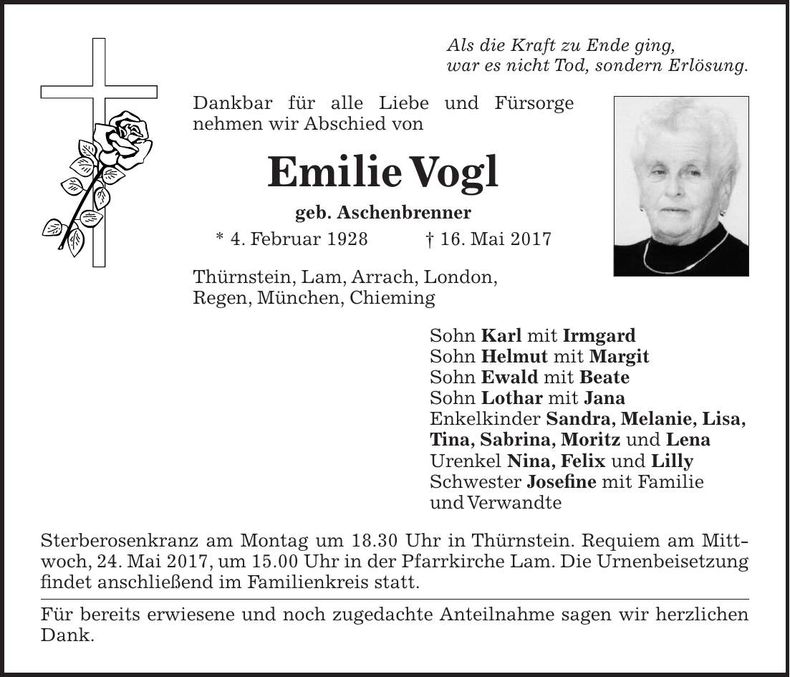 Traueranzeige Emilie Vogl
