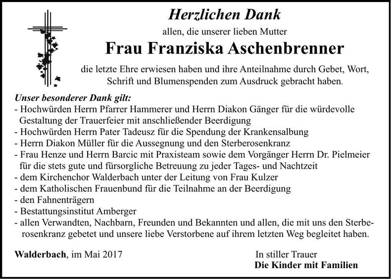 Traueranzeige Franziska Aschenbrenner