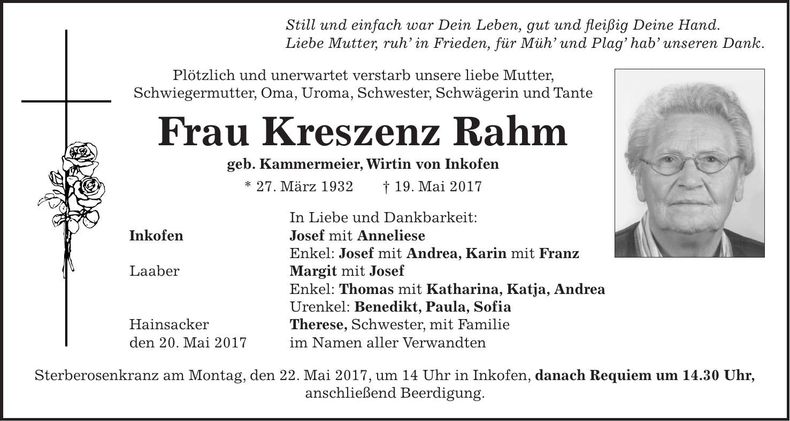 Traueranzeige Kreszenz Rahm