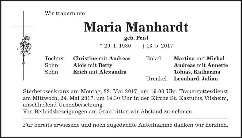 Traueranzeige Maria Manhardt