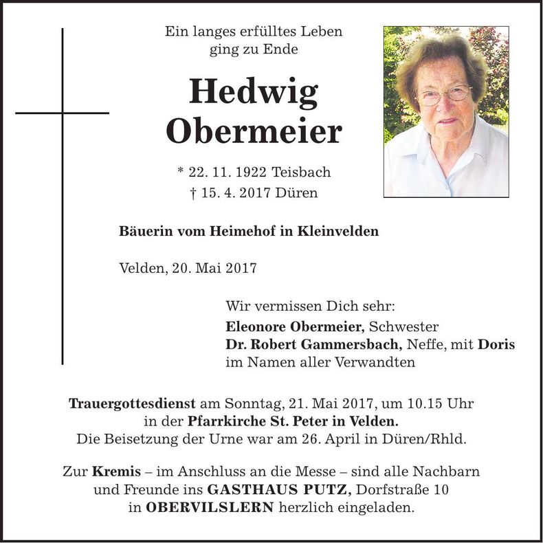 Traueranzeige Hedwig Obermeier