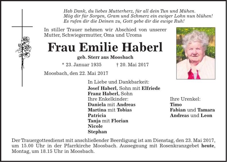 Traueranzeige Emilie Haberl