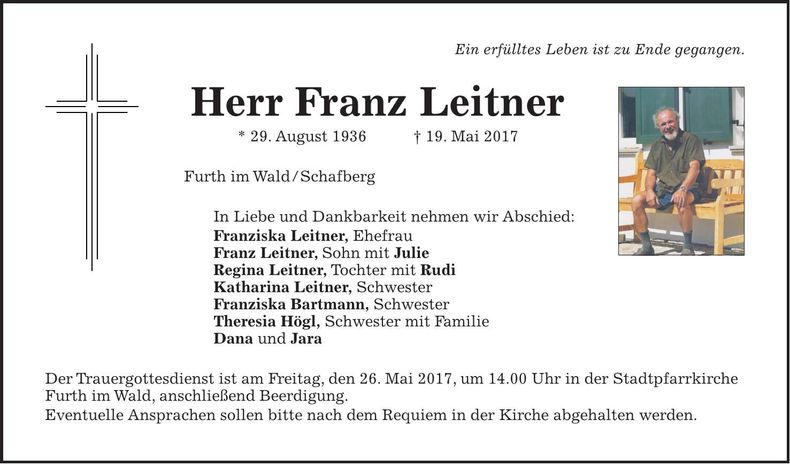 Traueranzeige Franz Leitner