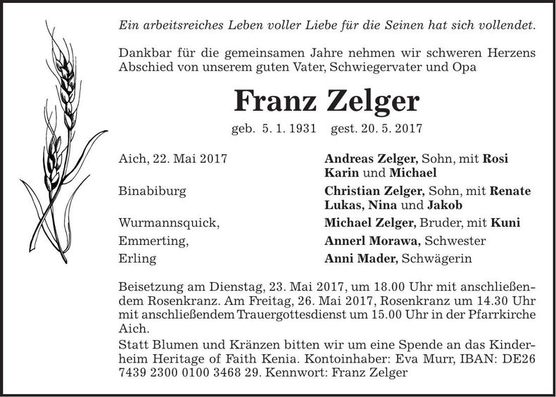 Traueranzeige Franz Zelger