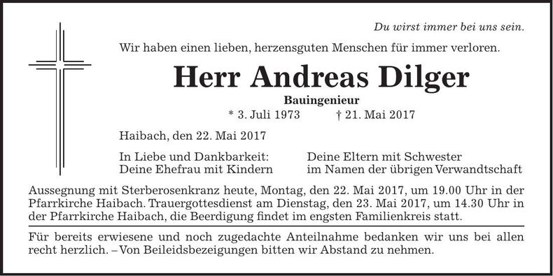 Traueranzeige Andreas Dilger