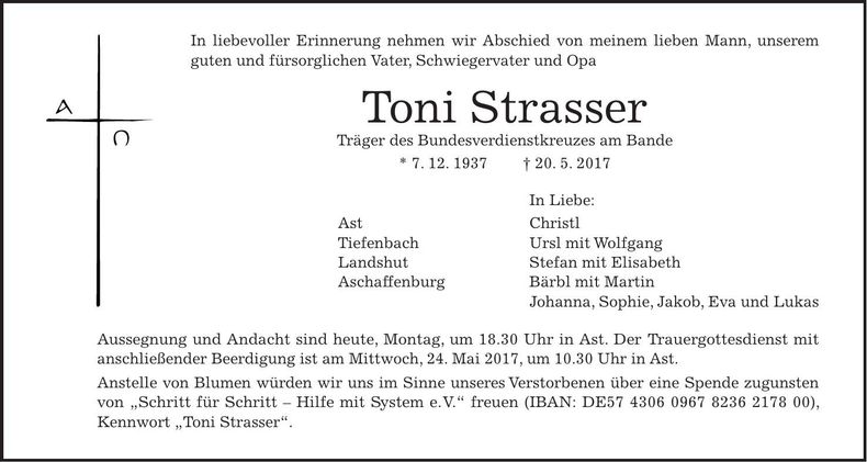 Traueranzeige Toni Strasser