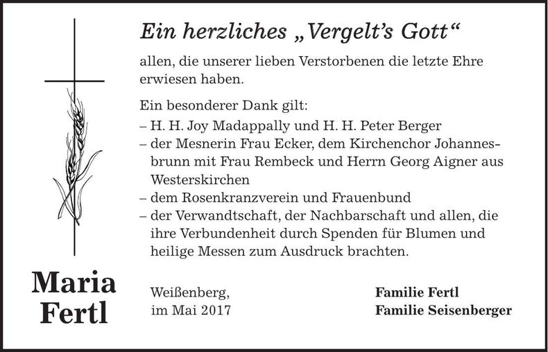 Traueranzeige Maria Fertl