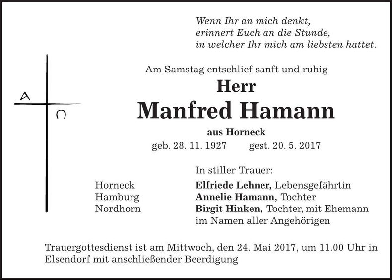 Traueranzeige Manfred Hamann
