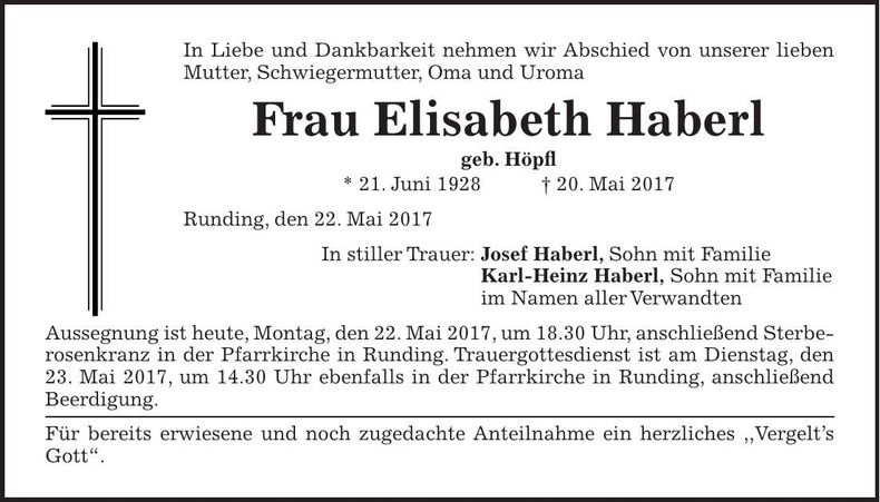 Traueranzeige Elisabeth Haberl