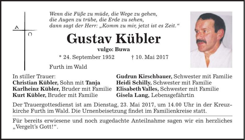 Traueranzeige Gustav Kübler