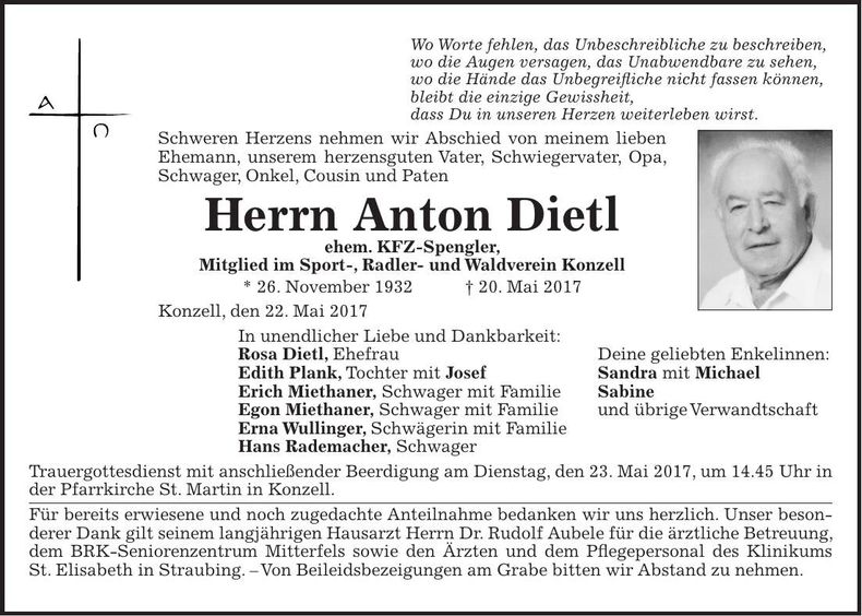 Traueranzeige Anton Dietl