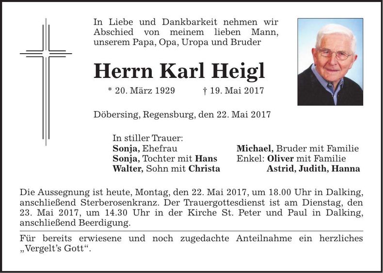 Traueranzeige Karl Heigl