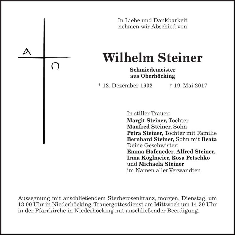 Traueranzeige Wilhelm Steiner
