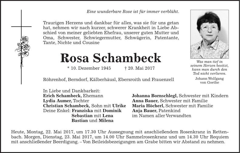 Traueranzeige Rosa Schambeck