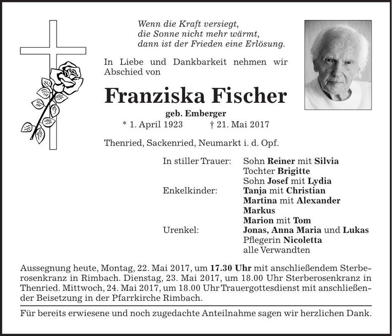 Traueranzeige Franziska Fischer