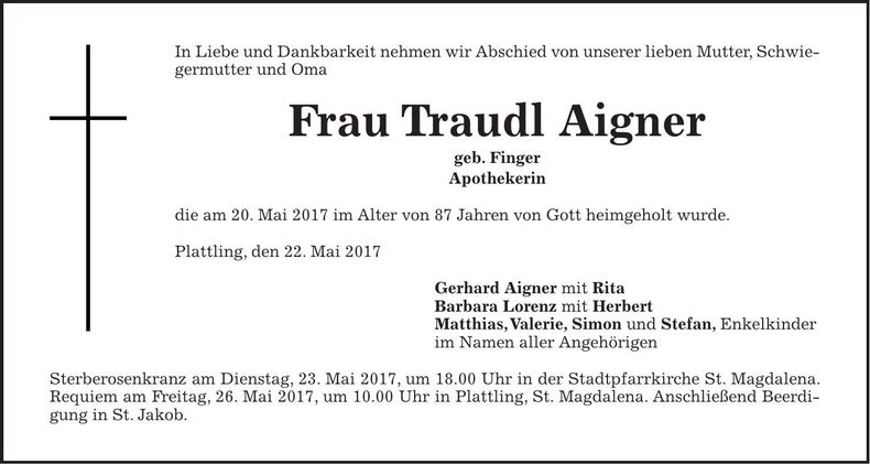 Traueranzeige Traudl Aigner