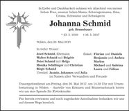 Traueranzeige Johanna Schmid