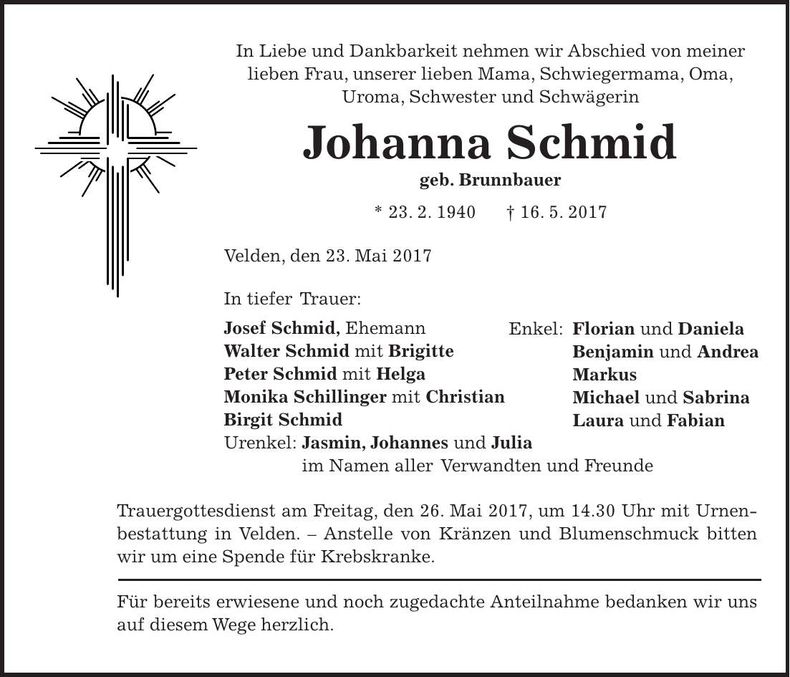 Traueranzeige Johanna Schmid