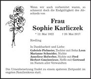 Traueranzeige Sophie Karliczek