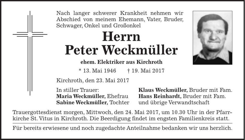 Traueranzeige Peter Weckmüller