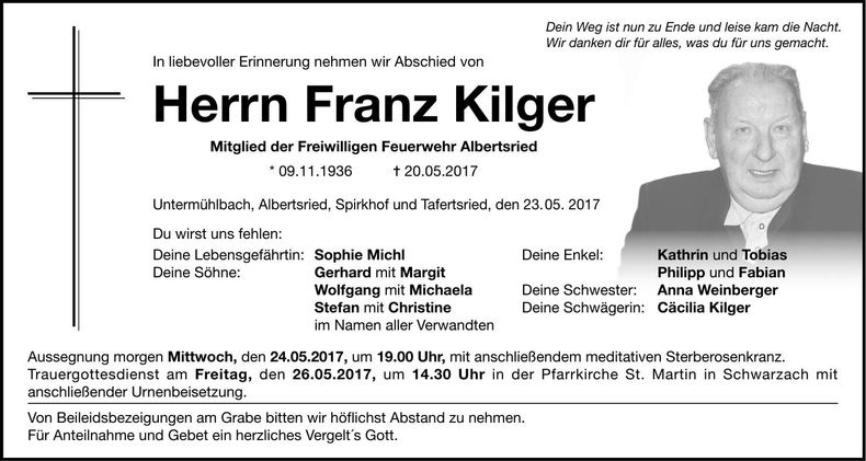 Traueranzeige Franz Kilger