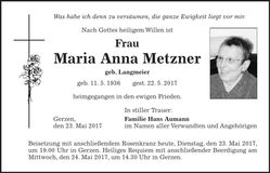 Traueranzeige Maria Anna Metzner