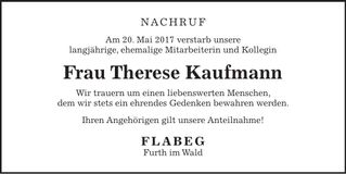 Traueranzeige Therese Kaufmann