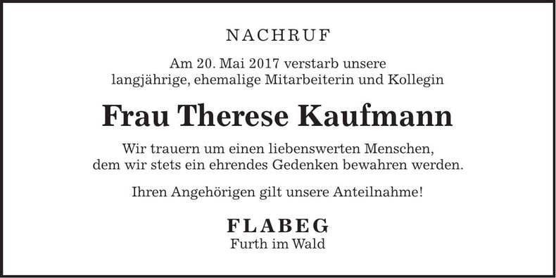 Traueranzeige Therese Kaufmann