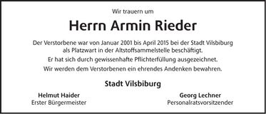 Traueranzeige Armin Rieder
