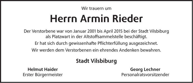 Traueranzeige Armin Rieder