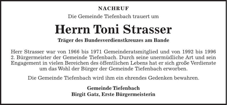 Traueranzeige Toni Strasser