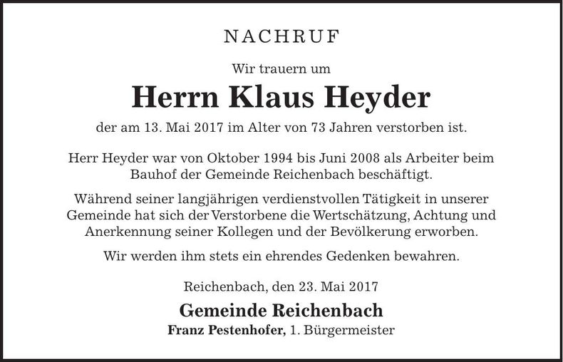 Traueranzeige Klaus Heyder