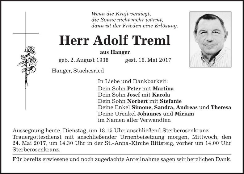 Traueranzeige Adolf Treml