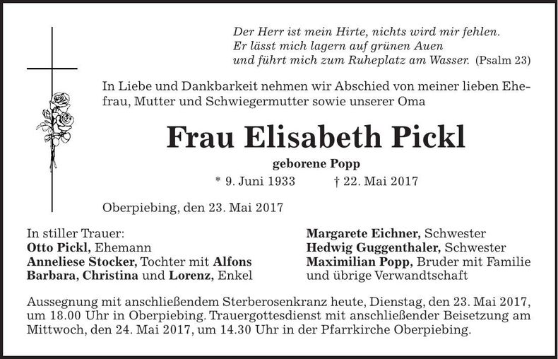 Traueranzeige Elisabeth Pickl