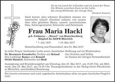 Traueranzeige Maria Hackl