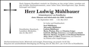 Traueranzeige Ludwig Mühlbauer