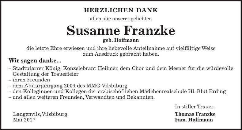 Traueranzeige Susanne Franzke