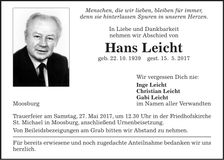 Traueranzeige Hans Leicht