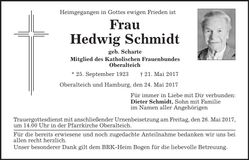 Traueranzeige Hedwig Schmidt