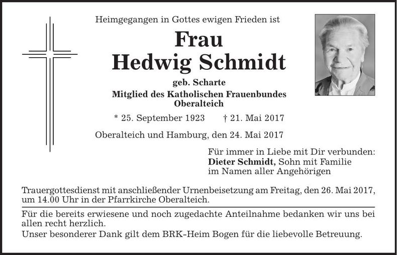 Traueranzeige Hedwig Schmidt