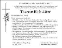 Traueranzeige Therese Hofstätter